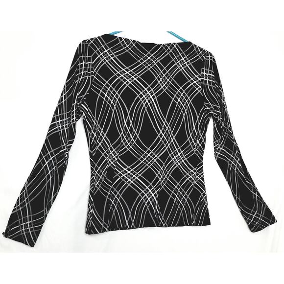 INC International Concepts Black White Abstract Top Long Sleeves Boat Neck Sz M - Picture 3 of 5